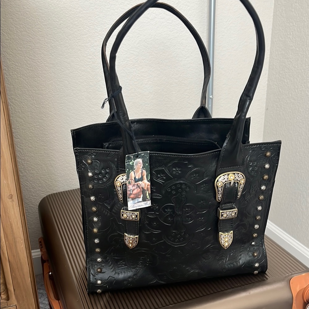American West Black Leather Tote with Gold Accents